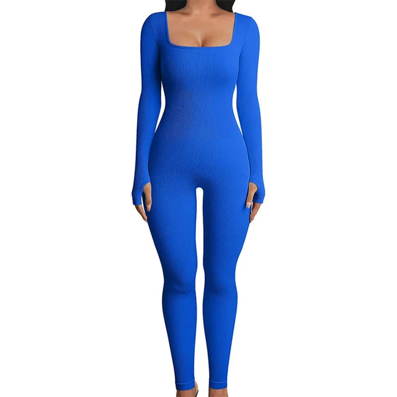 Women Skinny Jumpsuit Solid Color Ribbed Knit Long Sleeve Square Neck Bodycon Jumpsuit Romper Work Out Sport Yoga Playsuits